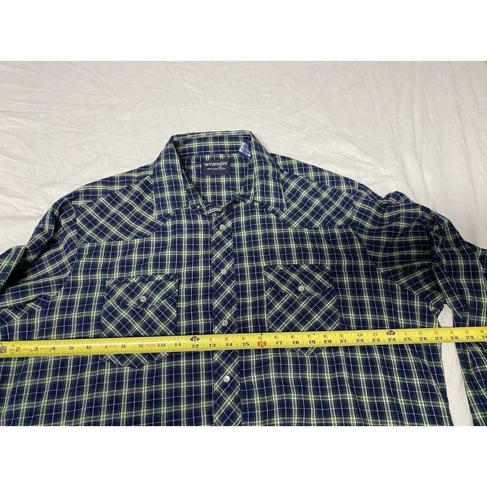 Wrangler Pearl Snap Western Shirt Mens 2XT Tall Blue Green Plaid Cowboy Big&Tall